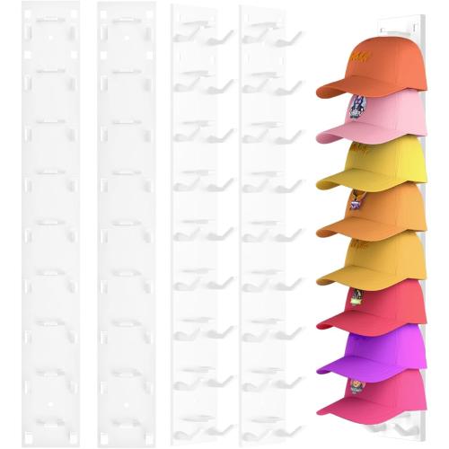 4 Pack Hat Organizer for Baseball Caps, Strong Adhesive Hat Rack for Wall, Multilayer Hat Storage Display Holder for Door Closet, Cap Organizer Storage Wall Mounted Hat Hooks Hold up to 36 Hat (White)