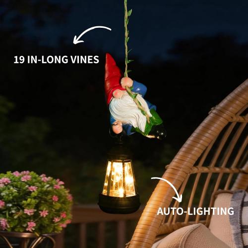 Solar Hanging Gnome Garden Statues Funny Climbing Gnome with LED Lantern