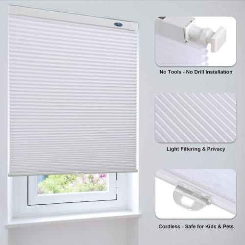 LazBlinds Cordless Cellular Shades, No Tools No Drill Light Filtering Honeycomb Shades Pleated Blinds for Windows, 28'' W x 48'' H, White
