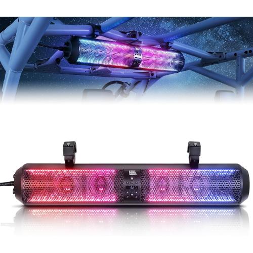 KEMIMOTO UTV Sound Bar 28 Inch ATV Soundbar 4X Subwoofers LED Party Lights Bluetooth Golf Cart Sound Bar 2X Tweeters Compatible with Polaris RZR Can-Am X3 Defender CFMOTO for 1.56- 2.25 Roll Cage