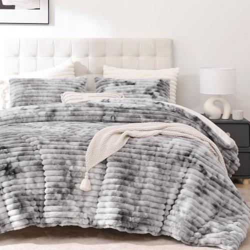 Fluffy King Size Comforter 3 PCS - Tie Dye Grey Fleece Bedding Set