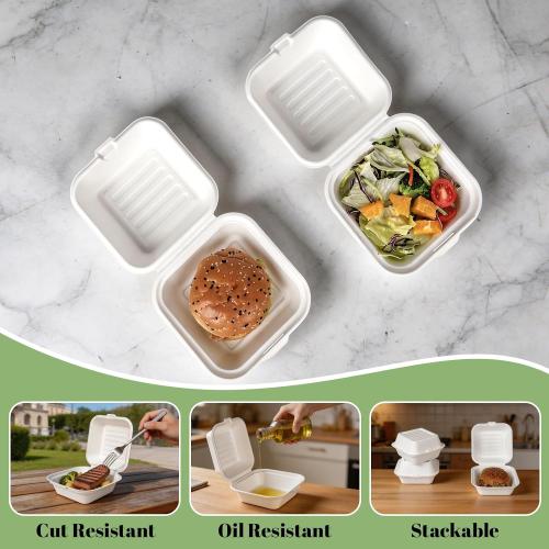 Lucklot 50 Pack 6×6 Inch White Compostable Bagasse Take Out Food Containers