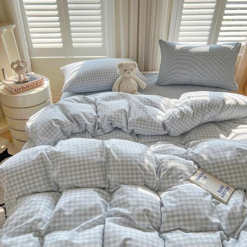 LifeTB Blue Gingham Comforter Set Queen Size Modern Style Plaid Checkered Comforter with 2 Pillowcases Fluffy Soft Grid Bedding Set Farmhouse Gingham Bedding Comforter Set for All Seasons