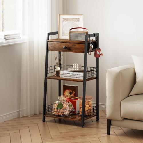 Gewudraw 3-Tier Bathroom Ladder Shelf with Storage Drawer, Rustic Brown