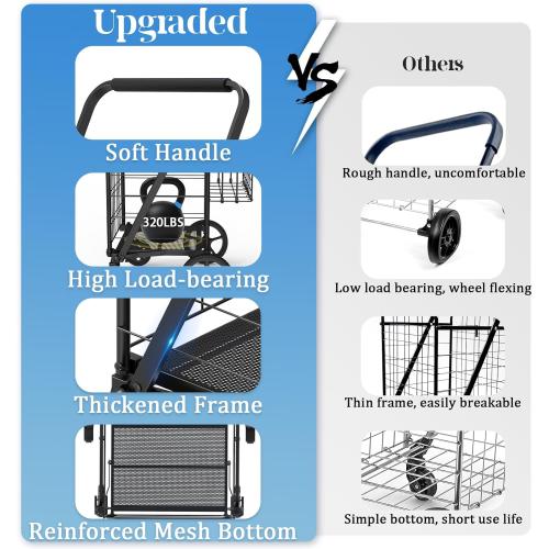 Heavy Duty Folding Shopping Cart for Groceries, Jumbo Grocery Carts with 360° Swivel Wheels, Waterproof Bag, Portable Utility Trolley for Daily, Laundry, Holds Up to 320 LBS