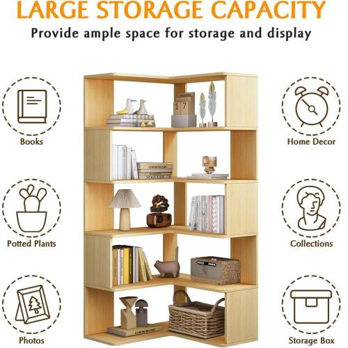 IOTXY 6-Tier L-Shaped Corner Bookshelf, Tall Bookcase, Oak