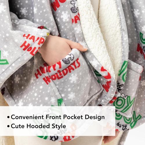 Berkshire Blanket Peanuts® Sherpa Wearable Blanket Hoodie, Cute Character Snoopy Plush Hooded Shawl Blanket