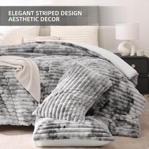 Fluffy King Size Comforter 3 PCS - Tie Dye Grey Fleece Bedding Set