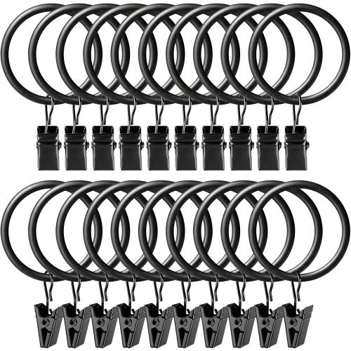 KAMANINA 20 Pack Black Curtain Rings with Clips, Interior Diameter 1.5 in