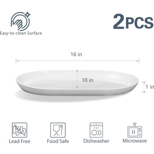 ONEMORE 16 Inch Ceramic Serving Plates for Entertaining, Set of 2 Large Oval Dinner Plates- Dishwasher Oven Safe Serving Tray for Food Meat Fish Parties- Porcelain Thanksgiving Turkey Platters - White