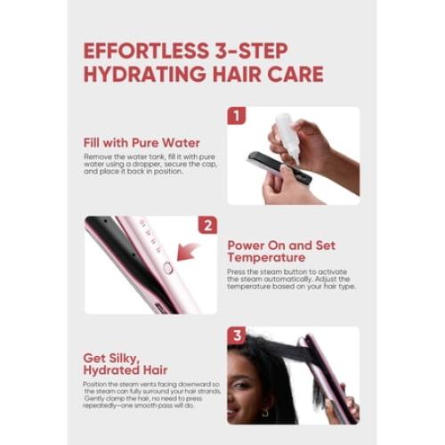 Beautigo Steam Hair Straightener Flat Iron, Anti-Frizz Moisturizing Steam, Reduce Heat Damage, 20s Fast Heat, Ceramic Plates for Thick, Curly & Frizzy Hair, Rose Gold