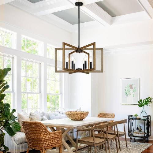 25-61 Height Adjustable Retro Wood Texture Chandelier for Dining Room, No Assembly Required Dining Room Light Fixture Over Table, Industrial Metal Pendant Lights Fixture for Kitchen Island