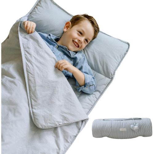 Organic Cotton Toddler Nap Mat with Removable Pillow and Attached Blanket, Portable Daycare and Preschool Rest Mat, Machine Washable