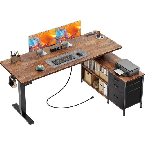 PRAISUN 55.1'' L Standing Desk with Outlets, Cabinet with Shelves, Drawers