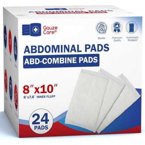 GauzeCare Sterile Abdominal- ABD Combine Pads| 24-Pack, 8x10 Inches| Extra Absorbent & Thick, Individually Wrapped Wound Dressing, First Aid Pads| Surgical-Grade, Nonstick- for Heavy Leakage, Post Op
