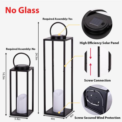 Large Solar Outdoor Lanterns, 25 16 Tall Farmhouse Black Metal Waterproof Decorative Lanterns with Solar Candles for Front Porch, Patio, Christmas, Fall Decor- Set of 2