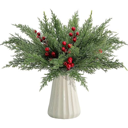 60 Pcs/Set Christmas 3D Artificial Pine Branches- 12.5 Inch Faux Evergreen Cedar Sprigs Branches- Fake Foliage Pine Needles Picks with Artificial Red Berry Stems for DIY Christmas Decoration