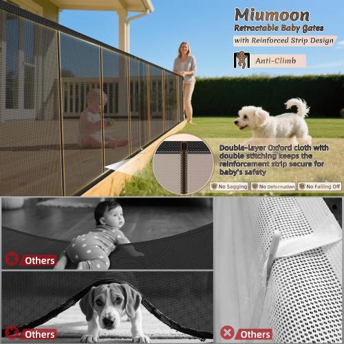 Miumoon 200 inch Reinforced Retractable Baby Gates 37 inch Tall | Retractable Dog Gate with No Crawl Through Reinforced Strip, 16 FT Extra Long Retractable Gate Outdoor, Garage Gate Black 37 Tall x 200 Wide