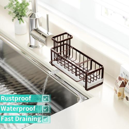 HapiRm Sponge Holder for Kitchen Sink - Self-draining Sink Caddy with Brush and Dishcloth Holders, Stainless Steel Kitchen Organizer for Countertop - Bronze
