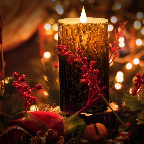 NICEME LED Pine Bark Flameless Candles Set of 3 Real Wax Battery Operated Candles Flickering Teardrop Wick Electric Decorative Pillar Bark Candles with Remote Timer, D3 x H4 5 6