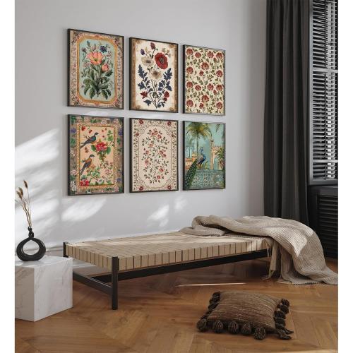 Indian Wall Art Vintage Floral Canvas Poster India Wall Decor Folk Flower Prints Scandinavian Pictures Antique Botanical Painting Gallery Artwork for Bedroom Living Room 8x10 Inch Unframed Set of 6