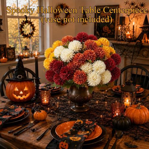 12Pcs Artificial Fall Mums for Outdoors, UV Resistant Fake Silk Mums
