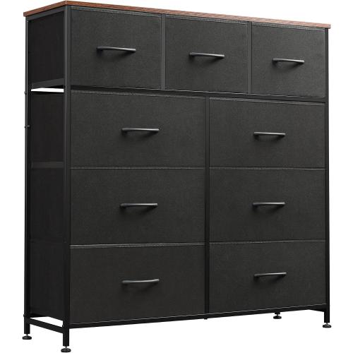 WLIVE 9 Drawer Dresser, Fabric Storage Tower for Bedroom, Hallway, Closet, Tall Chest Organizer Unit for Bedroom with Fabric Bins, Steel Frame, Wood Top, Easy Pull Handle, Black and Rustic Brown