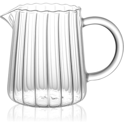 Small Glass Pitcher 8.5 Oz, Mini Creamer Pitcher for Coffee Bar, Clear Glass Milk Server for Tea, Syrup or Cream, Ribbed Carafe with Handle and Spout, 1 Pack