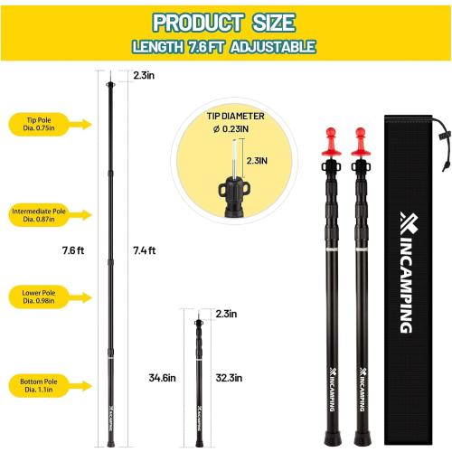 Adjustable Heavy Duty Tarp Poles 7.6FT,XINCAMPING Aluminum Tent Poles with Protection Cap - 4 Pack Rust-Proof Awning Poles for Camping, Hiking, Canopy & Outdoor Shelter