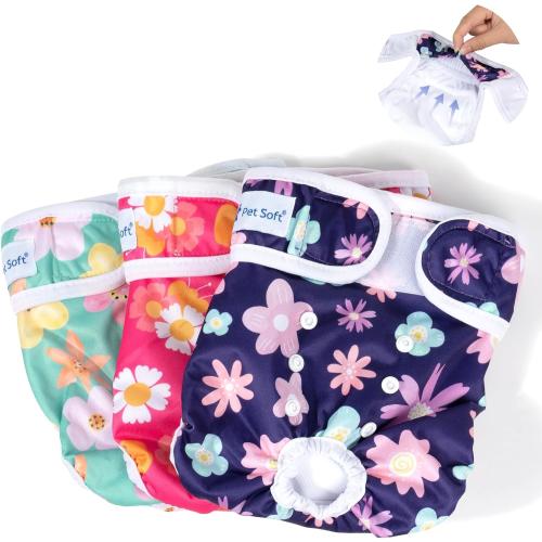Pet Soft Washable Female Diapers (3 Pack) Female Dog Diapers, Comfort Reusable Doggy Diapers for Girl Dog in Period Heat (Bloom, M)