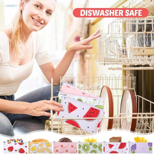 Chumia 6 Pack Reusable Snack Bags for Kids, Washable Sandwich & Food Storage Pouches, Dual-layer Silicone Lined Lunch Bags with Zipper for School & Travel(Fruit,6.9 x 3.7 Inches)
