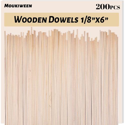Wooden Dowel Rods, 200PCS 1/8 x 6 Inch Round Wooden Sticks for Arts Crafts, Home Decor, Cake Support, Photo Booth Props, Unfinished Natural Hardwood Sticks