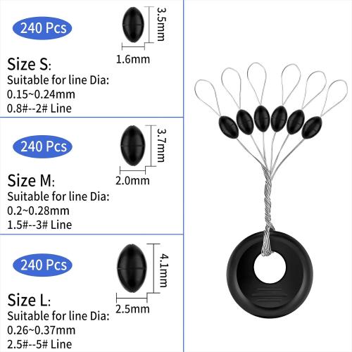 240 Pieces Middle-Sized Fishing Rubber Bobber Beads Stoppers 6 in 1 Black Float Sinker Stops