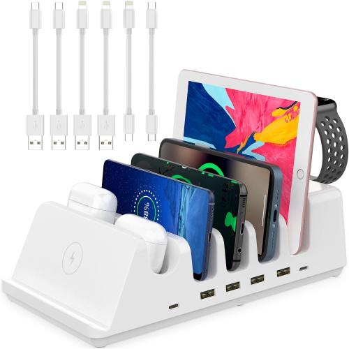 AGVEE 140W 9in1 Multi USB Charging Station Organizer Family Block Hub with Multi Cables, 3 Wireless Charger Dock for Apple iPad iPhone Cell Phone Samsung Android Tablet Multiple Devices, White