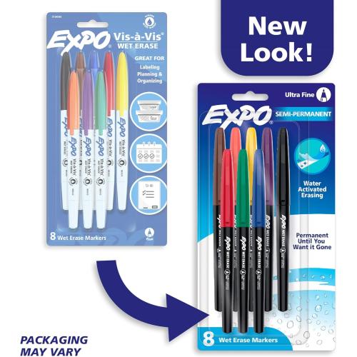 EXPO Vis-a-Vis Wet Erase Markers, Semi-Permanent, Assorted Colors, Ultra Fine Tip, 8 Count - For Writing on Glass, Whiteboards, Mirrors, Calendar, Labeling, Organizing