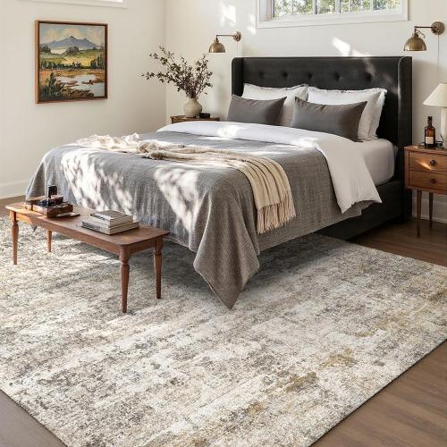 8x10 Grey Beige Washable Area Rug for Living Room, Vintage Print