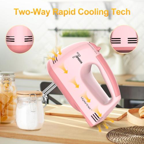 LILPARTNER Hand Mixer Electric, Ultra Power Kitchen Hand Mixer With 7-Speed & 5 Stainless Steel Accessories for Whipping Dough, Cream, Cake, Dishwasher Safe, Light Pink