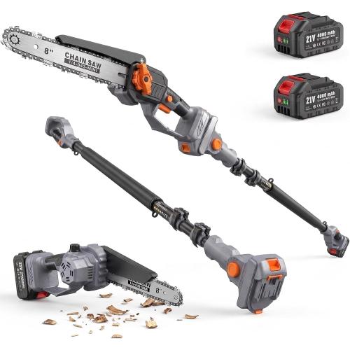 TaskStar 2-in-1 Pole Saw for Tree Trimming, 8-Inch Cordless Brushless Chainsaw with Adjustable Extension Pole, 2×4.0Ah Rechargeable Batteries & Charger, Auto Oiling, 15 Ft Max Reach