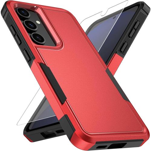 Vinve for Samsung Galaxy S25 Case with HD Screen Protector, Military-Grade Shockproof & Dual-Layer Protection, Anti-Slip Grip Design Phone Case, Red