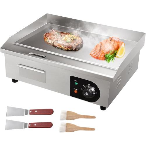 VEVOR Commercial Electric Griddle, 22, 1600W Countertop Flat Top Griddle, Stainless Steel Teppanyaki Grill w/Iron Cooking Plate, 122-572℉ Adjustable Temp Control 2 Shovels & Brushes, 110V