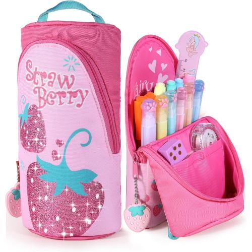 Magnetic Standing Pencil Case for Girls - Back to School Stuff, Cute Strawberry Standing Zipper Pencil Case, Large Capacity Stand up Pen Bag, Stationery Pen Holder, Study Supplies for Students