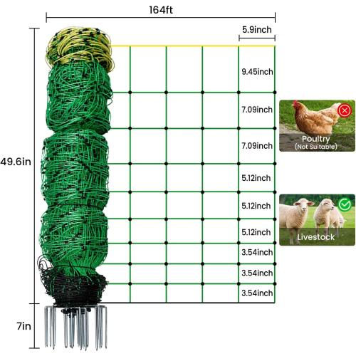 Electric Fence Netting, 164'L x 49.6 H Movable Livestock Nets for Sheep, Hogs, Cattle, PE Net Fencing Kit with 14 Posts Double Spiked, Electric Fencing for Backyards, Homesteaders, Farms Ranches