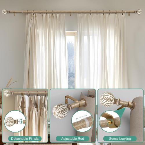 2 Pack Boho Wood Curtain Rods for Windows 66 to 120 inch,1 Adjustable Heavy Duty Window Curtain Rod with Imitation Wood Grain Finials,Rustic Decorative Drapery Rods Set 36-120'',Weathered Wood