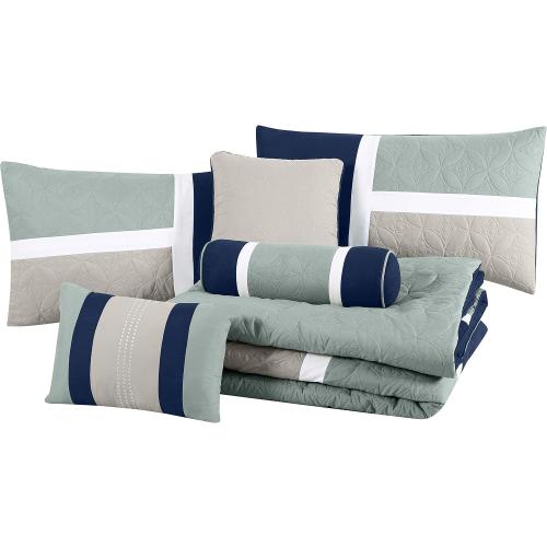 Chezmoi Collection Upland 7-Piece Quilted Patchwork Comforter Set, Navy/Blue/Gray, Queen