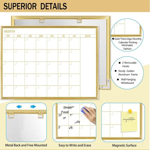 Gold Dry Erase Calendar Whiteboard for wall-18 x24’’,Portable Aluminum Frame,Magnetic Calendar White Board,Wall Planner Dry Erase Board for Office, Kitchen, School, Home-GG-4560