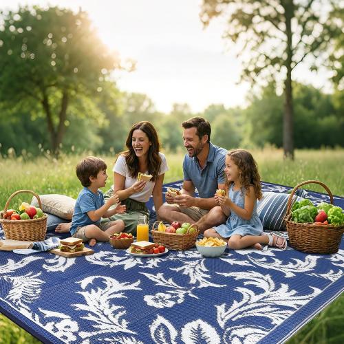 Garvee 9 x 12 Waterproof Outdoor Rug for Patio, Foldable Reversible Modern Area Rug, Floral Large Plastic Straw Mat for Camping, RV, Porch, Backyard, Deck, Picnic, Beach, Dark Blue & White