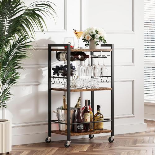 TUTOTAK Bar Cart with Wheels, Mini Drink Cart with Wine Rack & Glass Holder