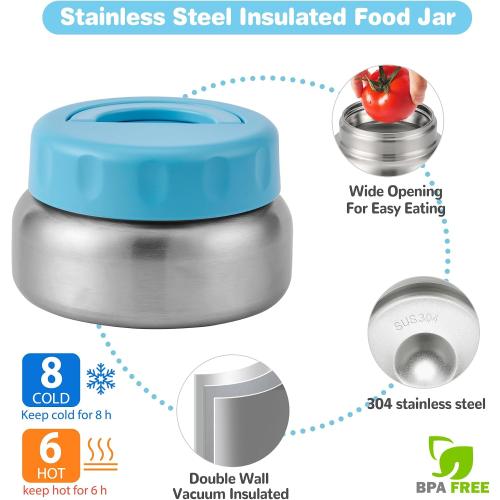 Bento Lunch Box with 9.5 oz Soup Thermo, Kids Leakproof 4 Compartments Bento Box with Silicone Cupcake,Fruit Fork,Spoon and Sauce Cup,Insulated Food Jar for School Travel-Blue