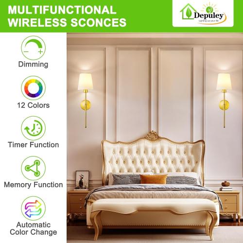Depuley Battery Operated Wall Sconce: Set of 2 Wireless Wall Lights with 10000mAh Dimmable Bulbs and Remote for Bedroom - Rechargeable 15 Colors Gold Wall Lamp for Living Room Hallway