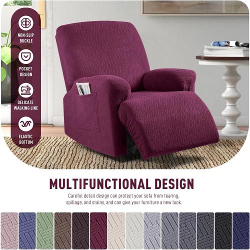 KinCam Recliner Covers, Stretch Reclining Chair Covers, Recliner Sofa Slipcovers Stripe Jacquard Recliner Couch Covers Furniture Protector Covers for Pet Kid (1 Seater, Burgundy)